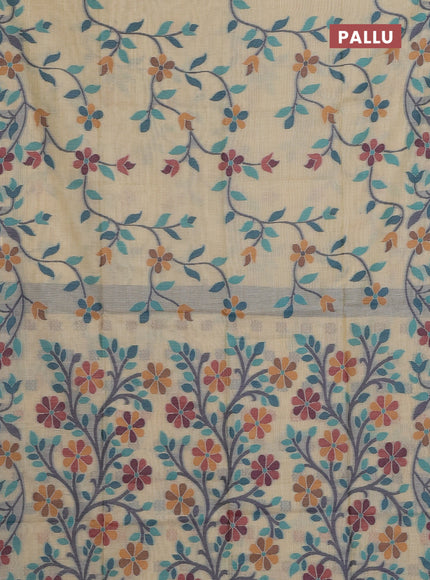 Cream & Navy Blue Jamdani Cotton Saree