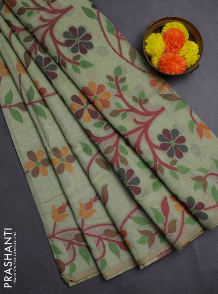 Pista Green & Maroon Jamdani Cotton Saree