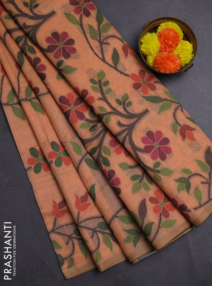Peach Orange & Black Jamdani Cotton Saree