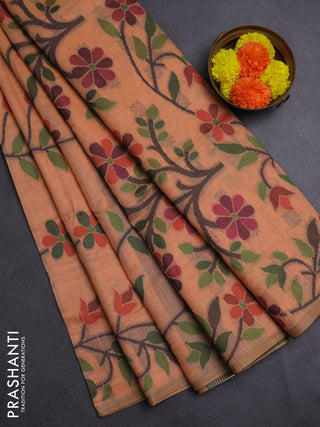 Peach Orange & Black Jamdani Cotton Saree