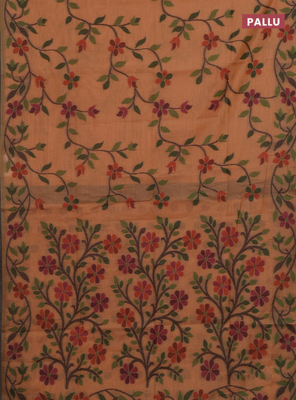 Peach Orange & Black Jamdani Cotton Saree
