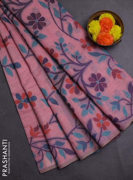 Pink & Navy Blue Jamdani Cotton Saree