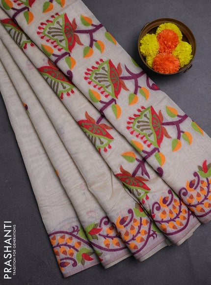 Off White & Green Jamdani Cotton Saree