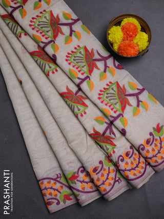 Off White & Green Jamdani Cotton Saree