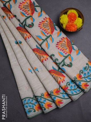 Off White & Orange Jamdani Cotton Saree