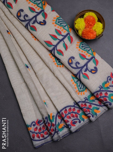 Off White & Navy Blue Jamdani Cotton Saree