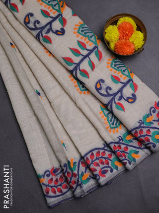 Off White & Navy Blue Jamdani Cotton Saree