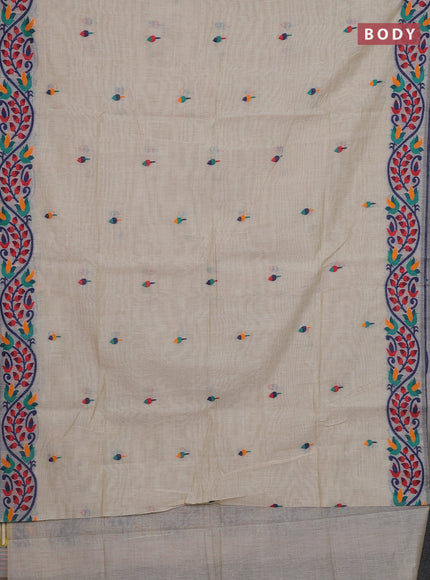 Off White & Navy Blue Jamdani Cotton Saree