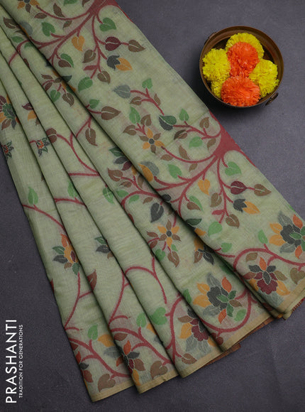Pista Green & Maroon Jamdani Cotton Saree