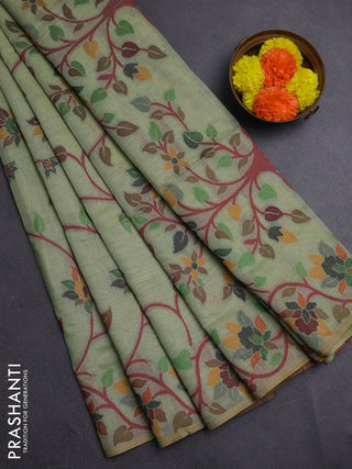 Pista Green & Maroon Jamdani Cotton Saree