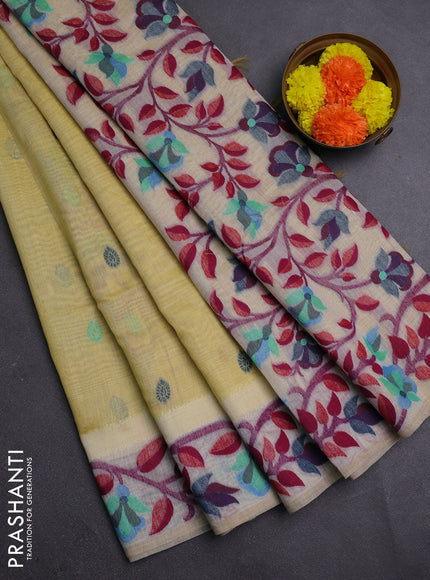 Lime Yellow & Off White Jamdani Cotton Saree