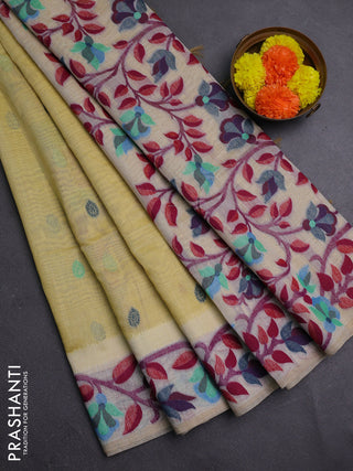 Lime Yellow & Off White Jamdani Cotton Saree