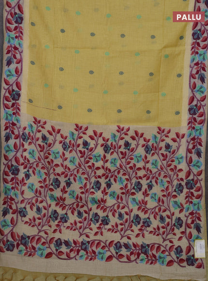 Lime Yellow & Off White Jamdani Cotton Saree