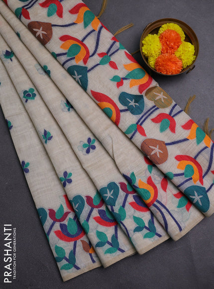 Off White & Green Jamdani Cotton Saree