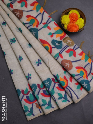 Off White & Green Jamdani Cotton Saree