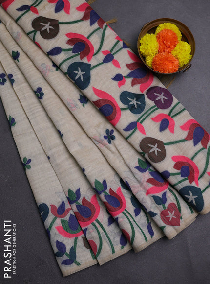 Off White & Navy Blue Jamdani Cotton Saree