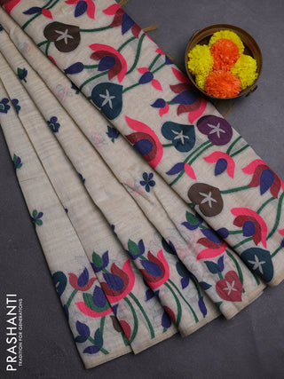 Off White & Navy Blue Jamdani Cotton Saree