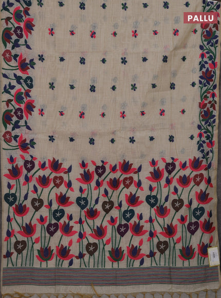 Off White & Navy Blue Jamdani Cotton Saree
