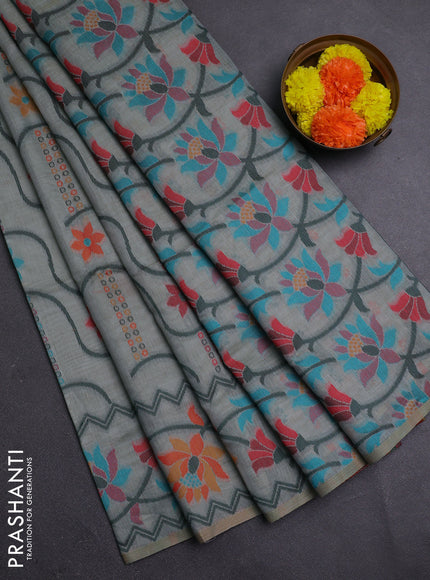Grey & Green Jamdani Cotton Saree