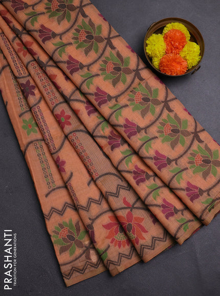 Peach Orange & Black Jamdani Cotton Saree