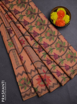 Peach Orange & Black Jamdani Cotton Saree