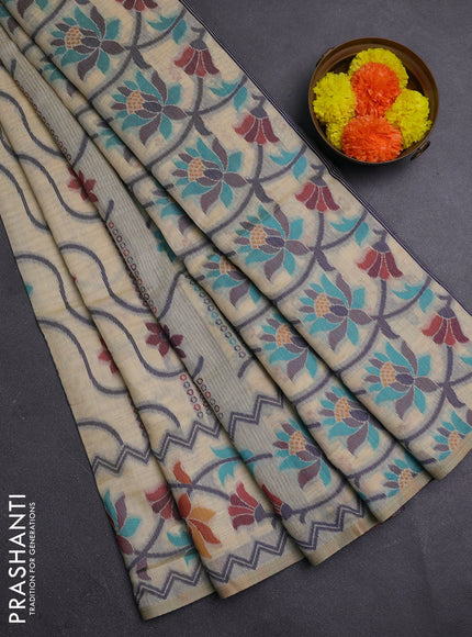 Cream & Navy Blue Jamdani Cotton Saree