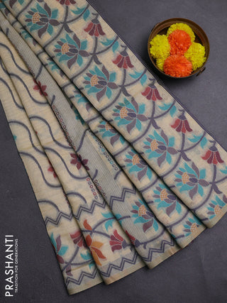 Cream & Navy Blue Jamdani Cotton Saree
