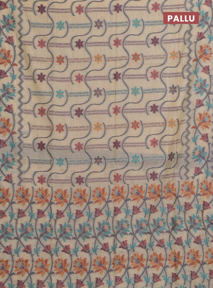 Cream & Navy Blue Jamdani Cotton Saree