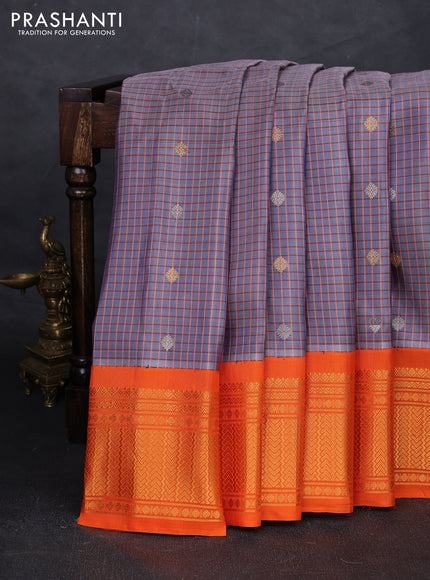 Grey & Orange Pure Gadwal Silk - Checks