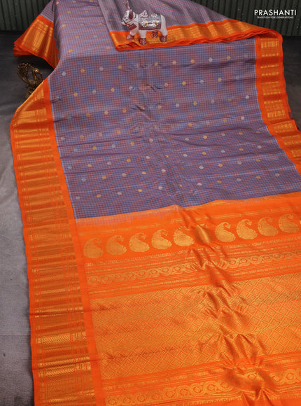 Grey & Orange Pure Gadwal Silk - Checks