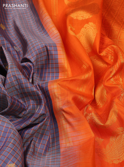 Grey & Orange Pure Gadwal Silk - Checks