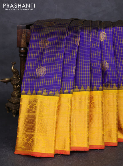 Blue & Yellow Pure Gadwal Silk - Checks