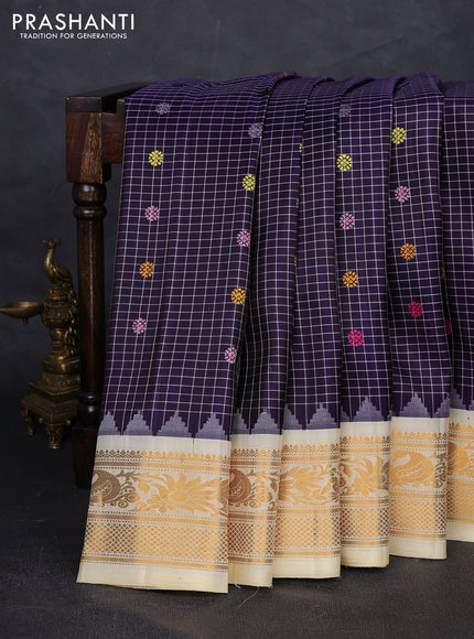 Violet & Cream Pure Gadwal Silk - Checks