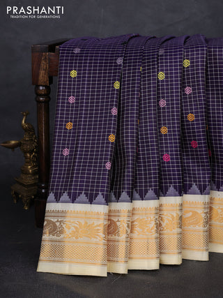 Violet & Cream Pure Gadwal Silk - Checks