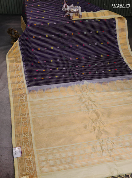 Violet & Cream Pure Gadwal Silk - Checks