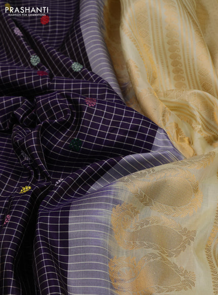 Violet & Cream Pure Gadwal Silk - Checks