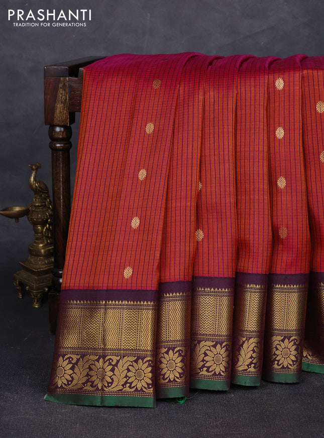 Orange & Wine Pure Gadwal Silk - Checks
