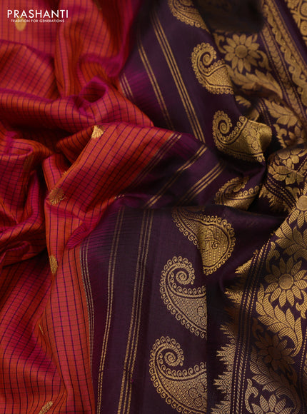 Orange & Wine Pure Gadwal Silk - Checks