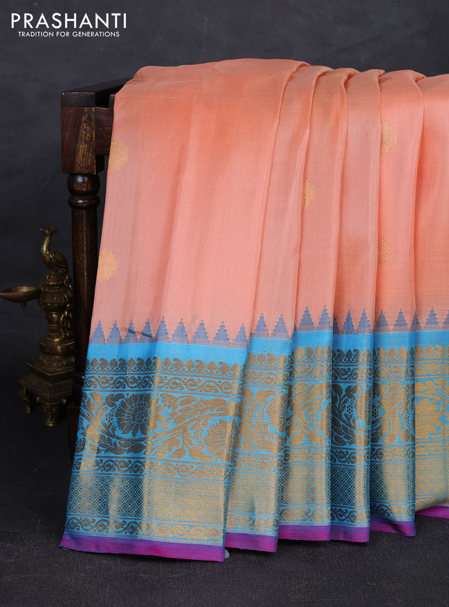 Peach & Teal Blue Pure Gadwal Silk - Buttas
