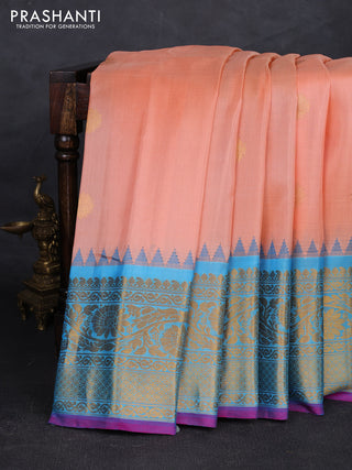 Peach & Teal Blue Pure Gadwal Silk - Buttas