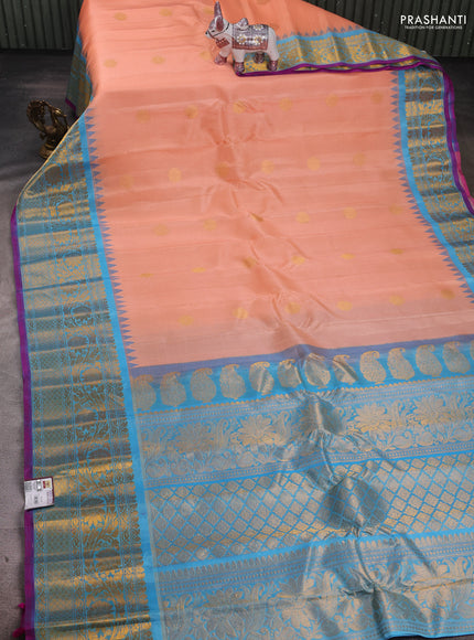 Peach & Teal Blue Pure Gadwal Silk - Buttas