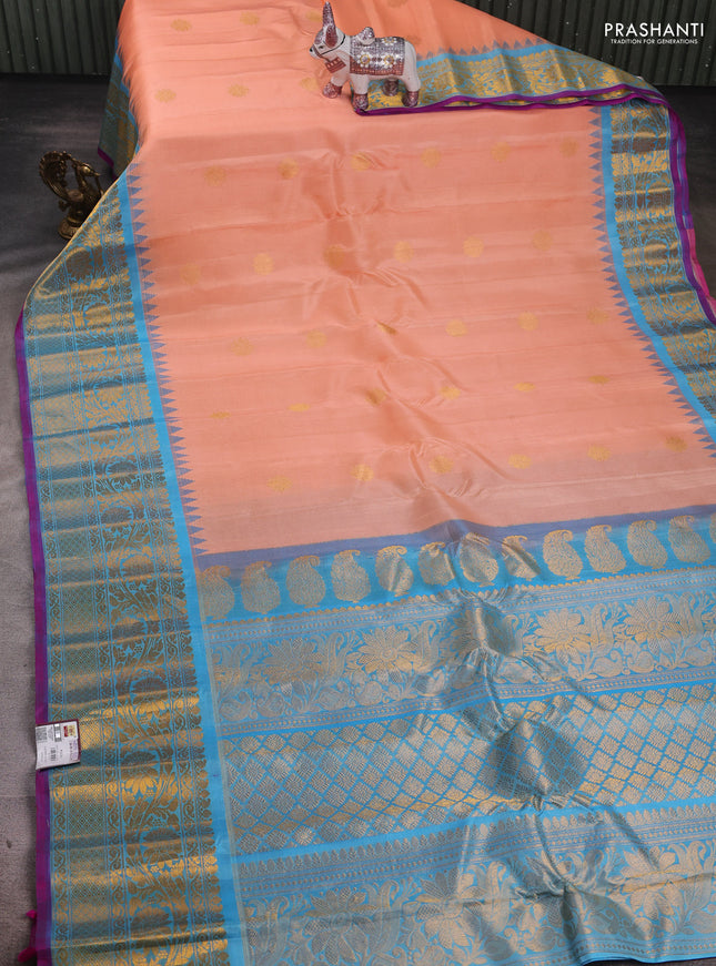Peach & Teal Blue Pure Gadwal Silk - Buttas
