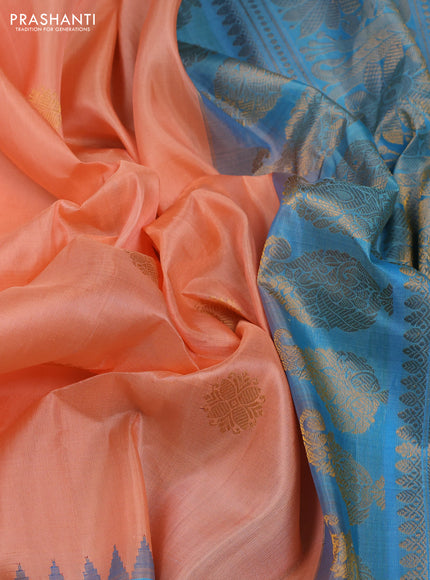 Peach & Teal Blue Pure Gadwal Silk - Buttas