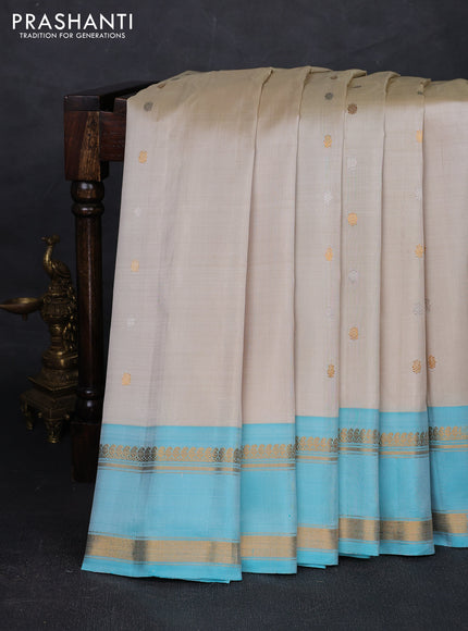 Beige & Teal Blue Pure Gadwal Silk - Buttas