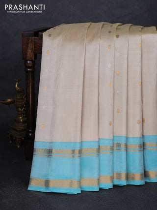Beige & Teal Blue Pure Gadwal Silk - Buttas