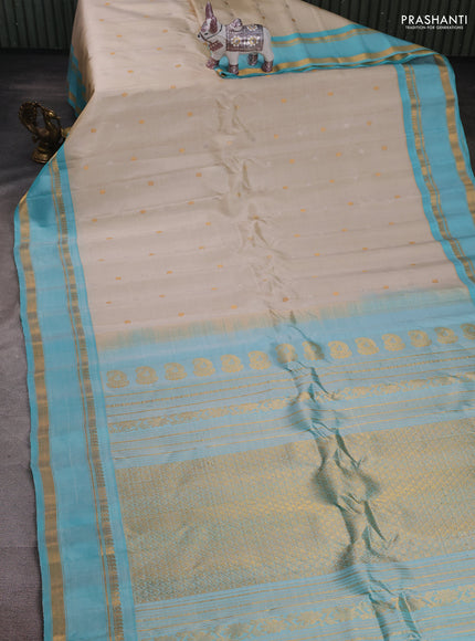 Beige & Teal Blue Pure Gadwal Silk - Buttas