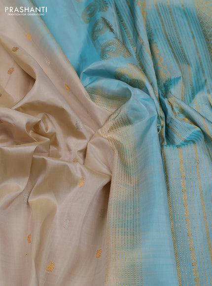 Beige & Teal Blue Pure Gadwal Silk - Buttas