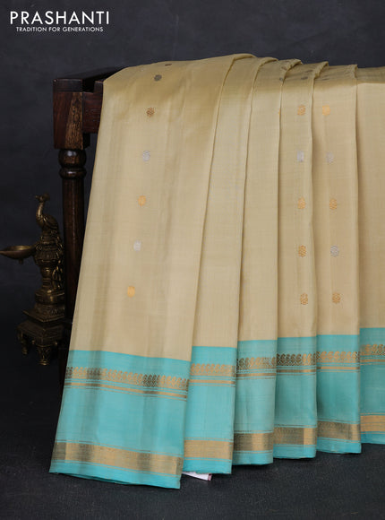 Cream & Teal Green Pure Gadwal Silk - Buttas