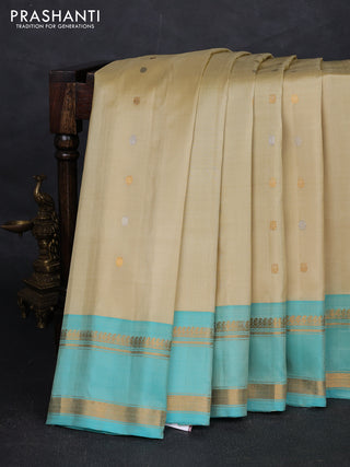 Cream & Teal Green Pure Gadwal Silk - Buttas