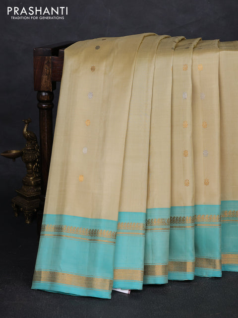 Cream & Teal Green Pure Gadwal Silk - Buttas